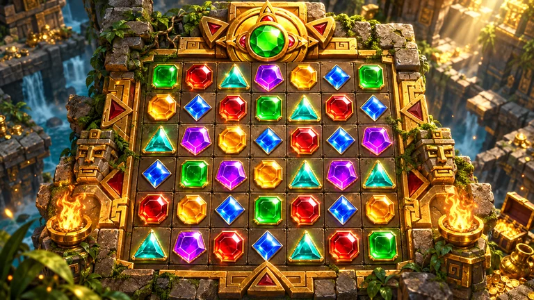 Grade de jogo 8×8 de Gems Bonanza em moldura dourada de templo antigo com gemas coloridas
